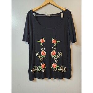 Lou Lou Black Stretchy Top short Sleeve with embroidered roses Size 2X